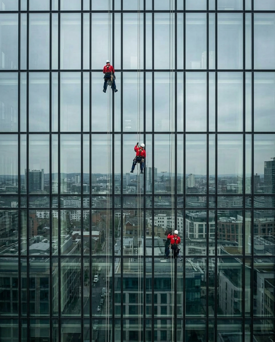 Rope access technician working on a glass facade