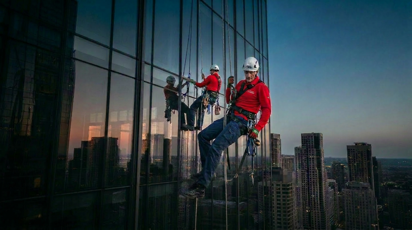 Rope access technicians on a high-rise glass tower at dusk