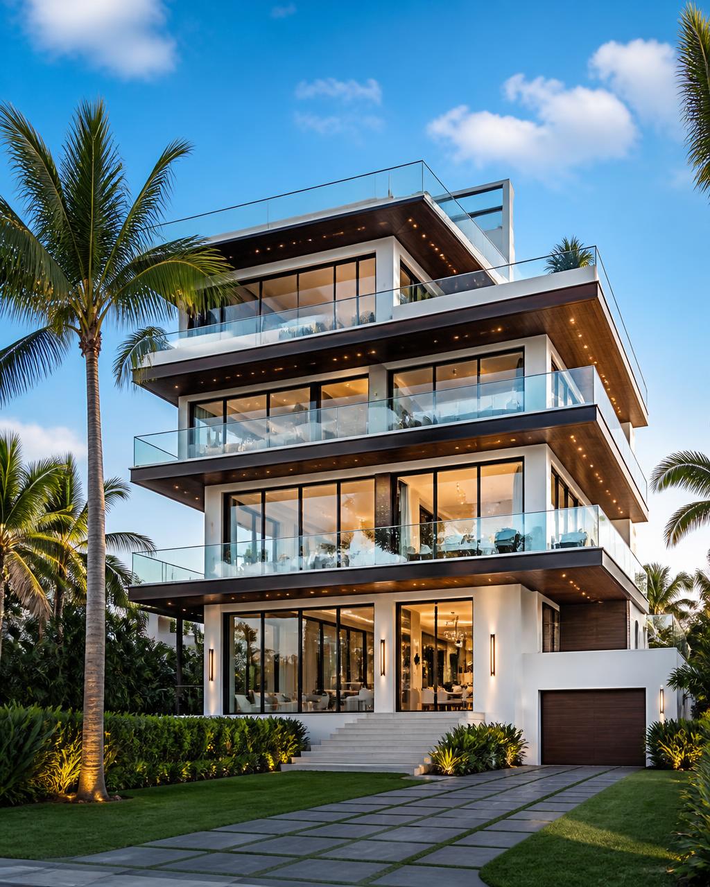 Large four-story luxury Florida estate home with floor-to-ceiling glass windows